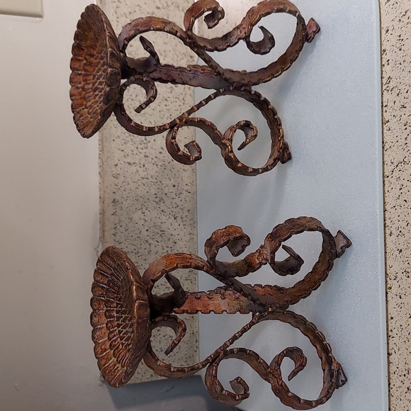 2 Pillar Candle Holder Architectural Scroll Brutalist Style Heavy Metal Sturdy - Picture 5 of 11